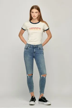 Hidden Amelia Dark Wash Chewed Hem Distressed Skinny 27in Inseam