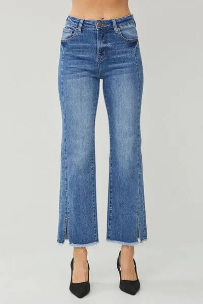 High Waist Raw Hem Slit Straight Jeans