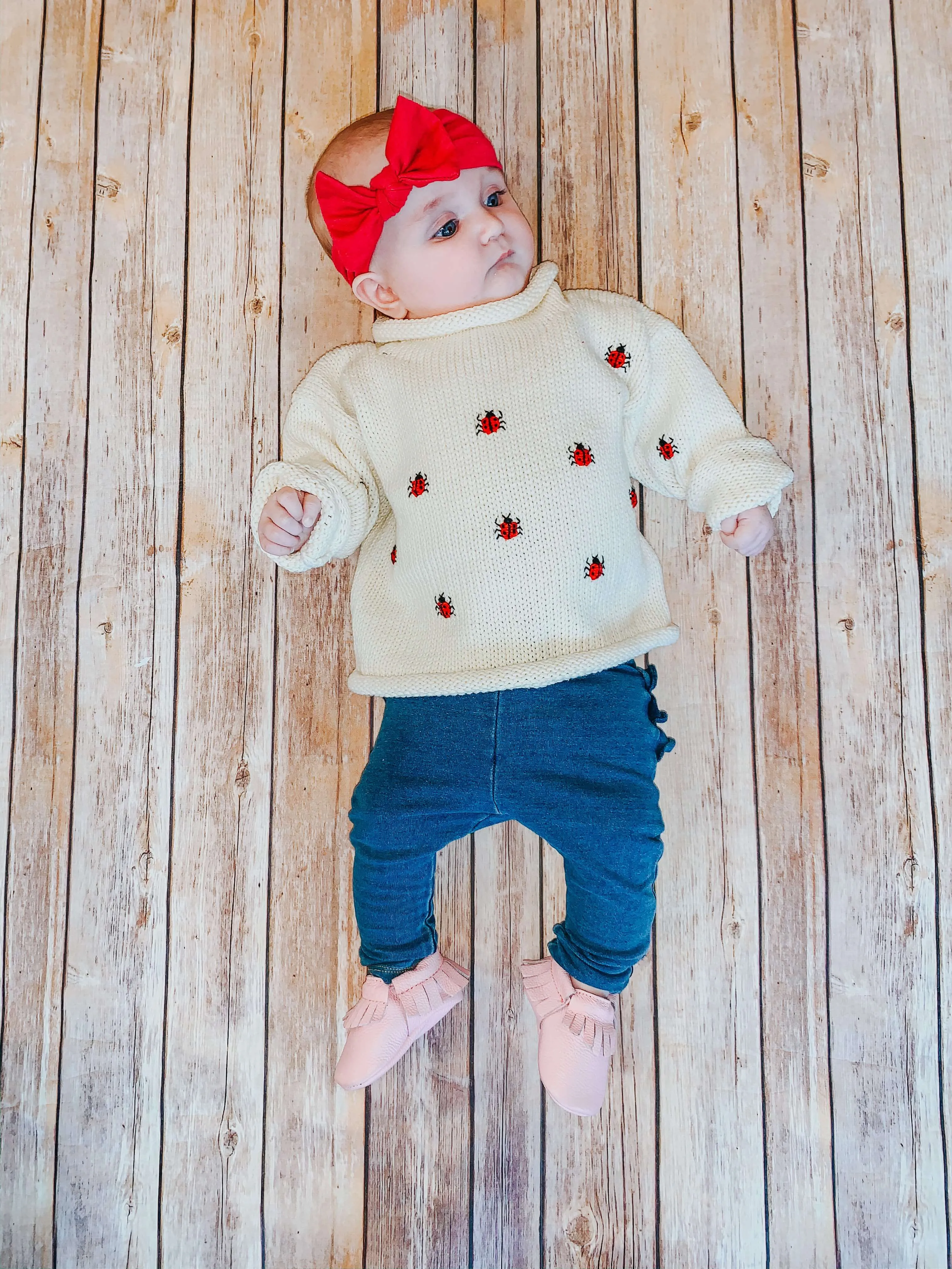 Ivory Ladybug Roll Neck Sweater