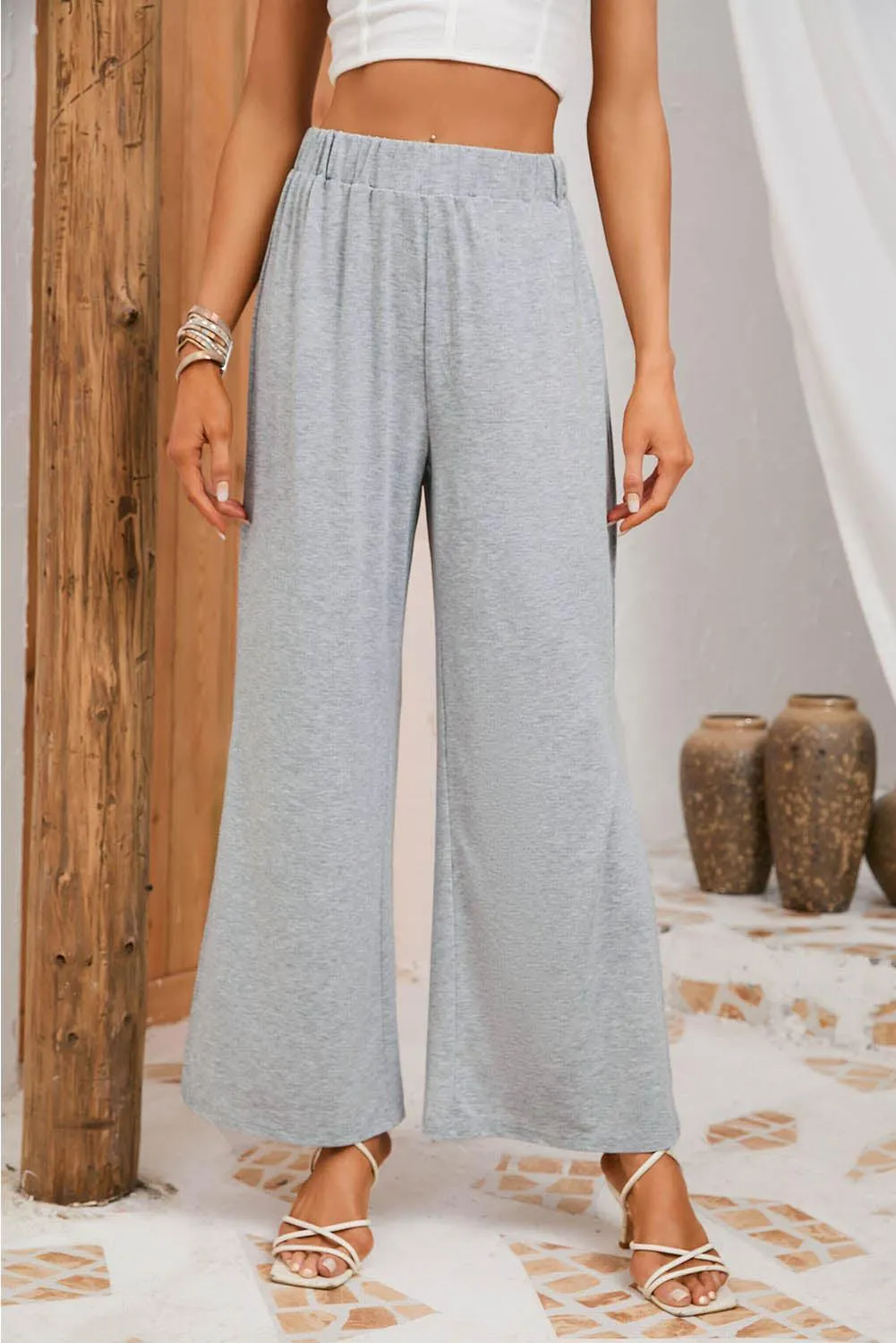 Knee High Slit Elastic Waist Wide Leg Pants