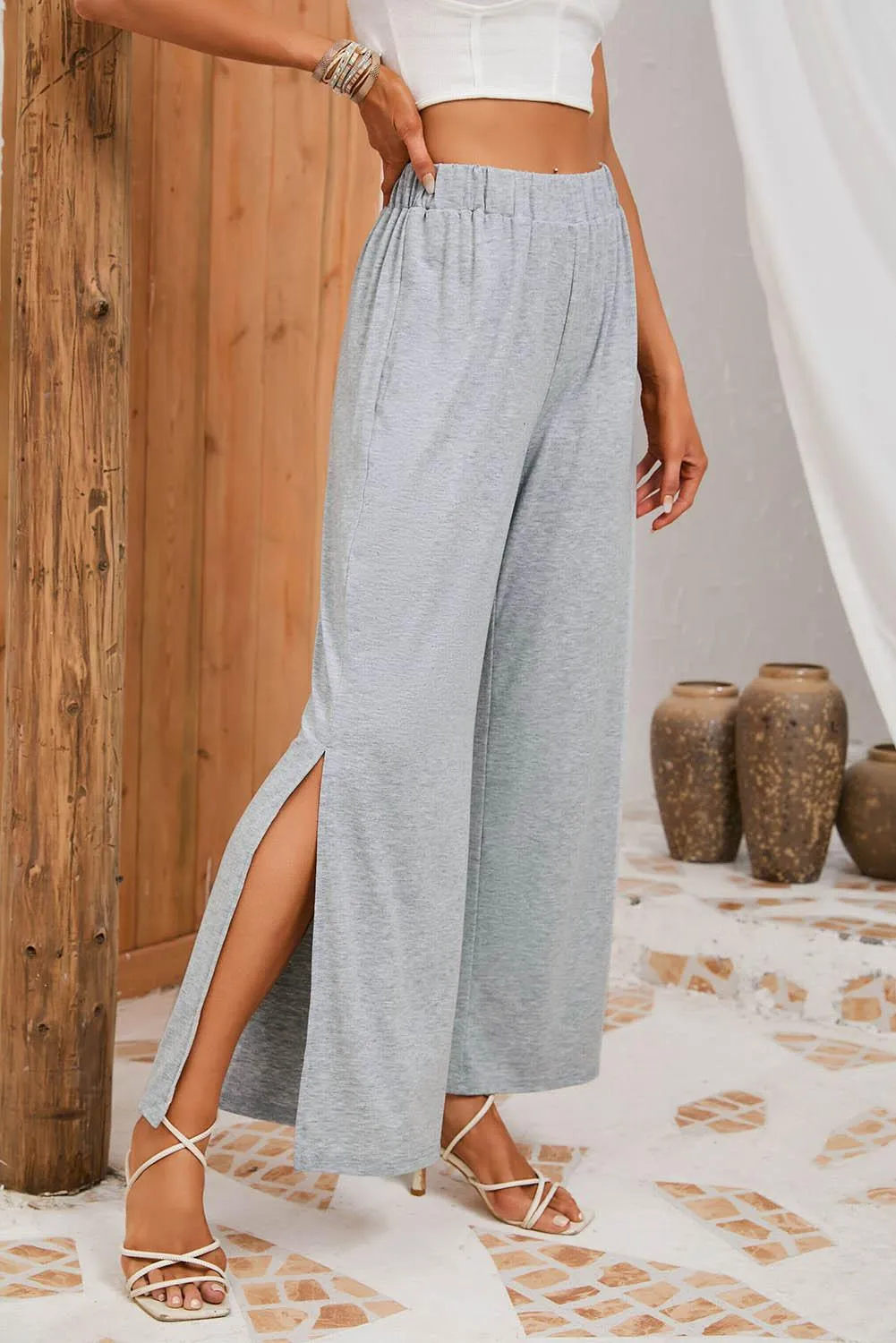 Knee High Slit Elastic Waist Wide Leg Pants