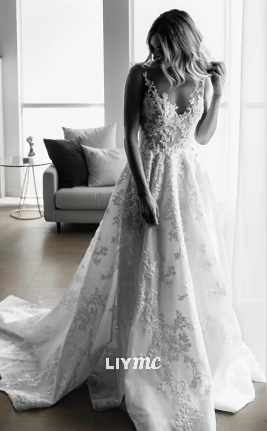 LW635 - A-Line Princess V-neck Sweep Train Lace Wedding Dresses With Appliques Lace