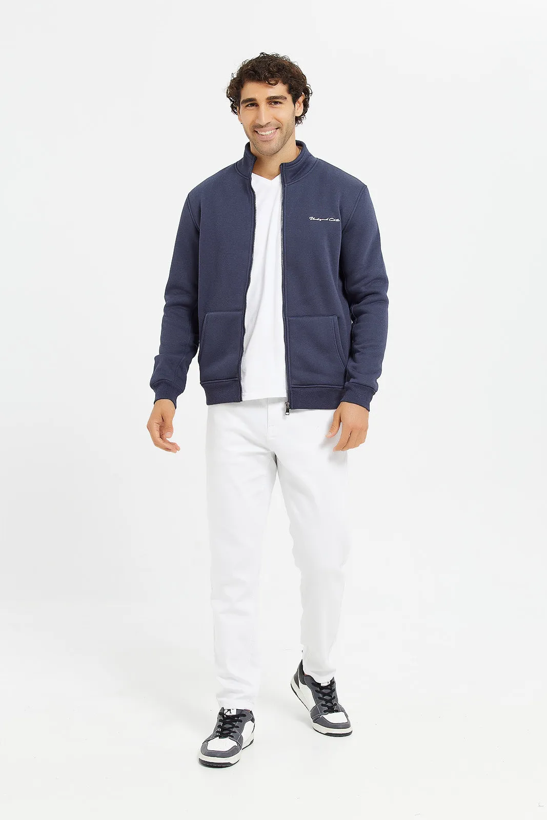 Men Blue Faux Fur Zipper Jacket