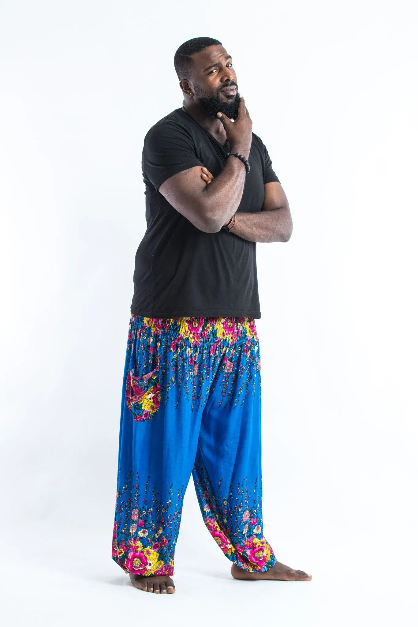 Plus Size Floral Men's Harem Pants in Ocean Blue