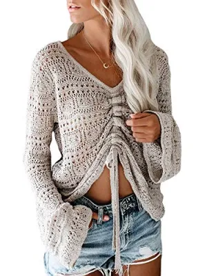 Saodimallsu Womens Boho Off Shoulder Crop Tops Bell Sleeve Flowy Oversized Crotchet Pullover Sweaters Cover Ups (Large, Grey)
