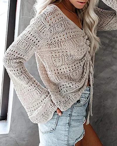 Saodimallsu Womens Boho Off Shoulder Crop Tops Bell Sleeve Flowy Oversized Crotchet Pullover Sweaters Cover Ups (Large, Grey)