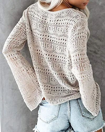 Saodimallsu Womens Boho Off Shoulder Crop Tops Bell Sleeve Flowy Oversized Crotchet Pullover Sweaters Cover Ups (Large, Grey)