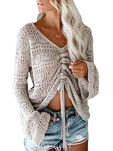 Saodimallsu Womens Boho Off Shoulder Crop Tops Bell Sleeve Flowy Oversized Crotchet Pullover Sweaters Cover Ups (Large, Grey)