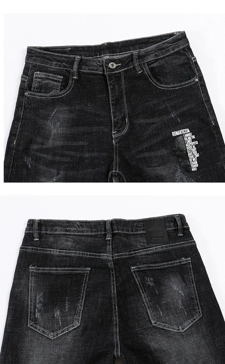 Skinny Ripped Letters Detail Tapered Jeans - Faded Black
