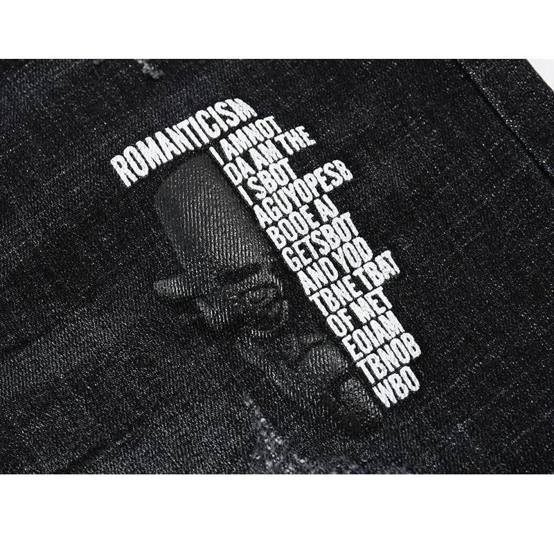 Skinny Ripped Letters Detail Tapered Jeans - Faded Black
