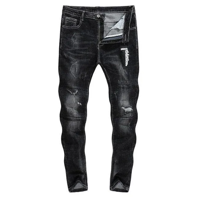 Skinny Ripped Letters Detail Tapered Jeans - Faded Black