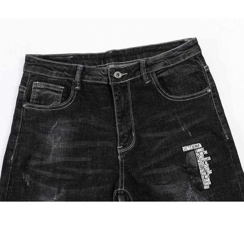 Skinny Ripped Letters Detail Tapered Jeans - Faded Black
