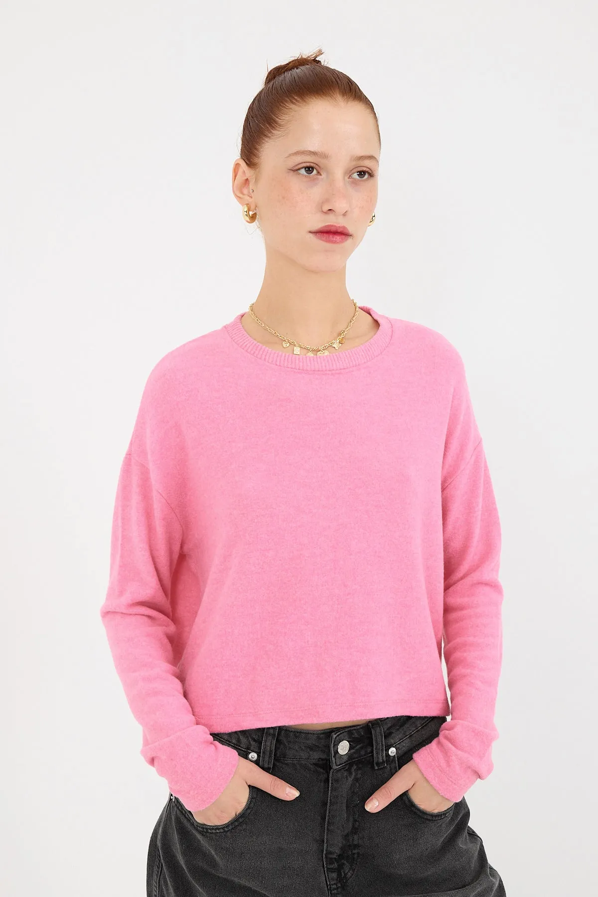 Soft Textured Crew Neck Knit Sweater