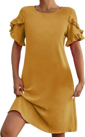 Summer Dresses for Women 2025 Ruffle Sleeve A Line Mini Dress Casual Crew Neck Shift Dress Loose Flowy Beach Sundress