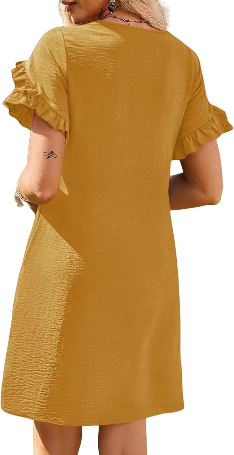 Summer Dresses for Women 2025 Ruffle Sleeve A Line Mini Dress Casual Crew Neck Shift Dress Loose Flowy Beach Sundress