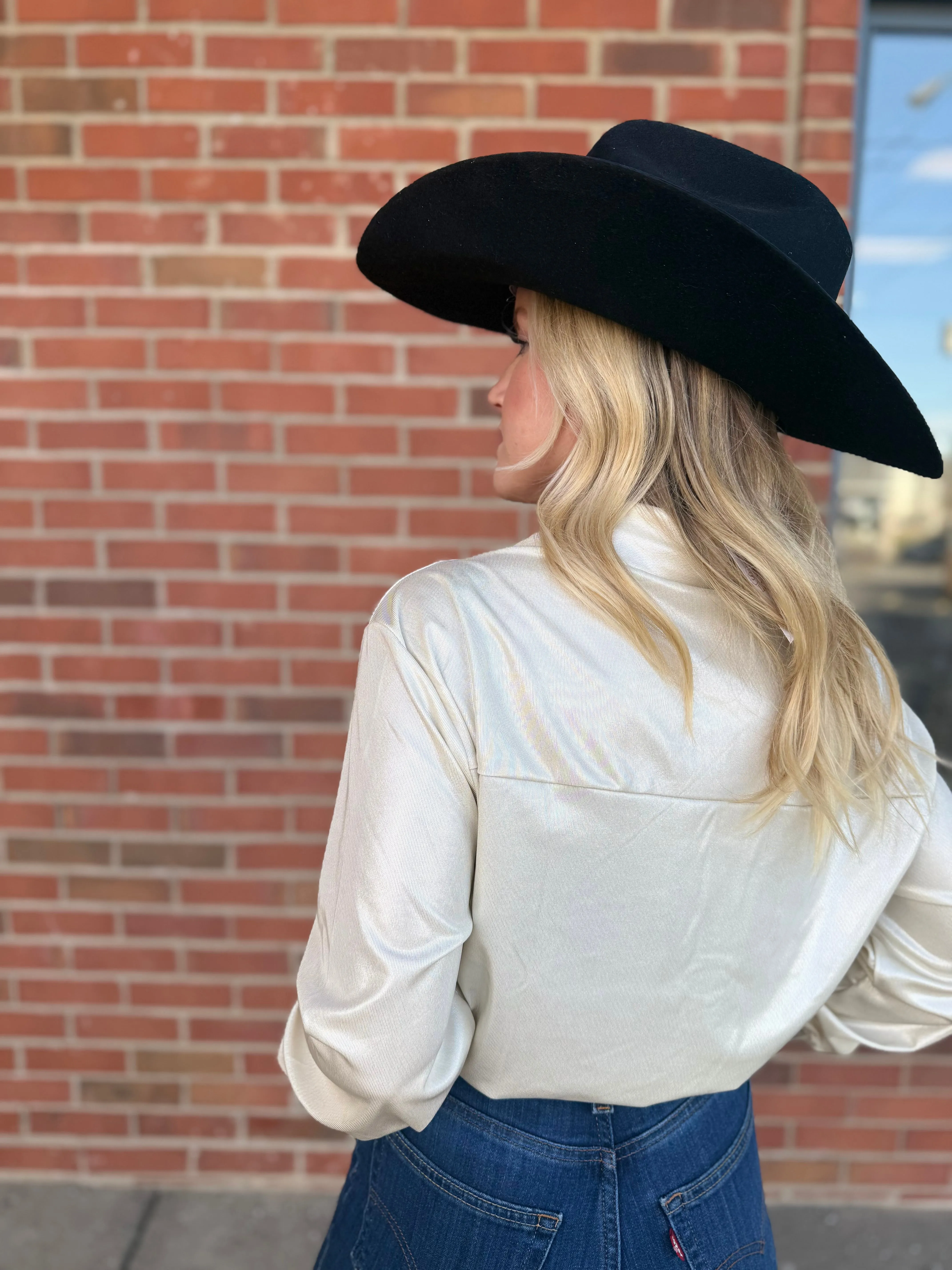 The Seguin Metallic Button Down in Cream-Silver Metallic S-L