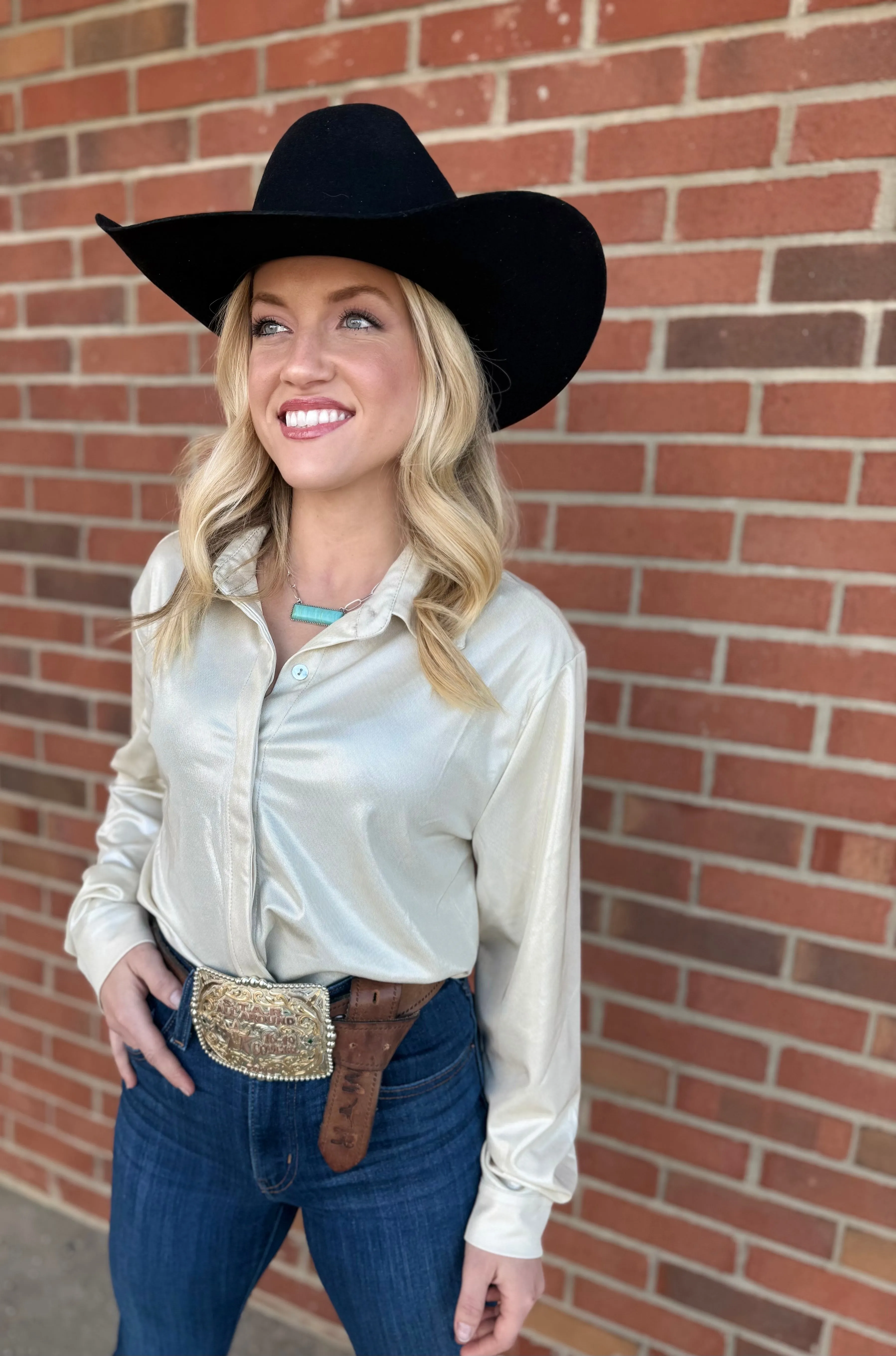 The Seguin Metallic Button Down in Cream-Silver Metallic S-L