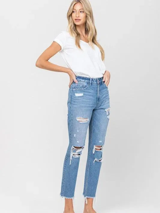 VERVET by Flying Monkey Fringe Hem Mom Jeans  - Edgy Charm