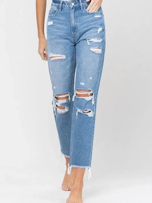 VERVET by Flying Monkey Fringe Hem Mom Jeans  - Edgy Charm