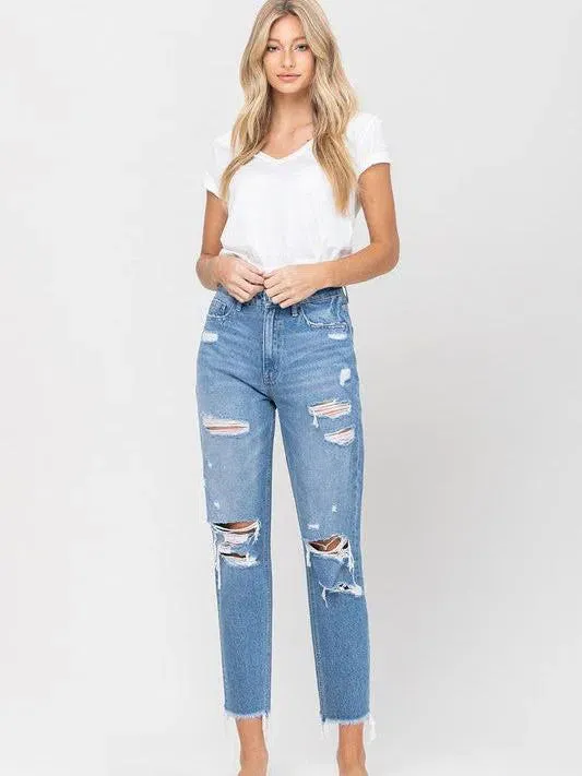 VERVET by Flying Monkey Fringe Hem Mom Jeans  - Edgy Charm