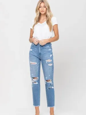 VERVET by Flying Monkey Fringe Hem Mom Jeans  - Edgy Charm