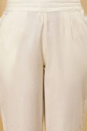 Whte Stripe Printed Cotton Pants With Embroidered Hemline