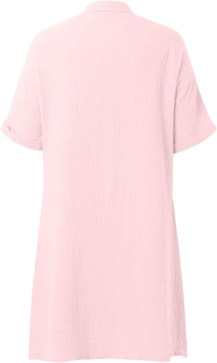 Womens Button Down Shirt Dress Summer Cotton Linen Dress V-Neck Mini Dress Casual Short Sleeve Loose Tunic Shift Dresses