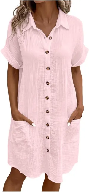 Womens Button Down Shirt Dress Summer Cotton Linen Dress V-Neck Mini Dress Casual Short Sleeve Loose Tunic Shift Dresses