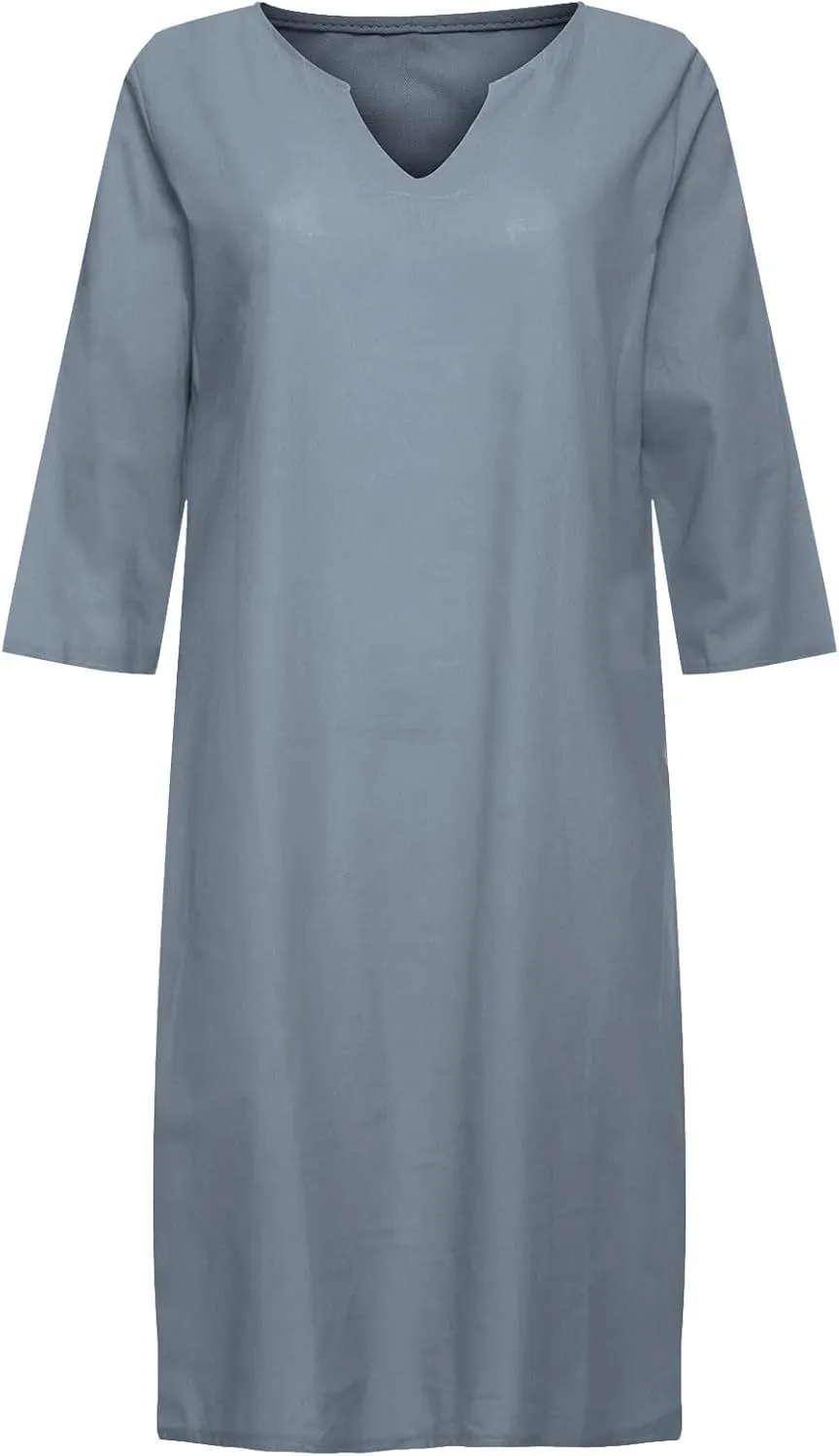 Women's Fashion Linen Short Dress Elegant Casual Half Sleeve Dresses Pullover V Neck Shirt Dresses for Women