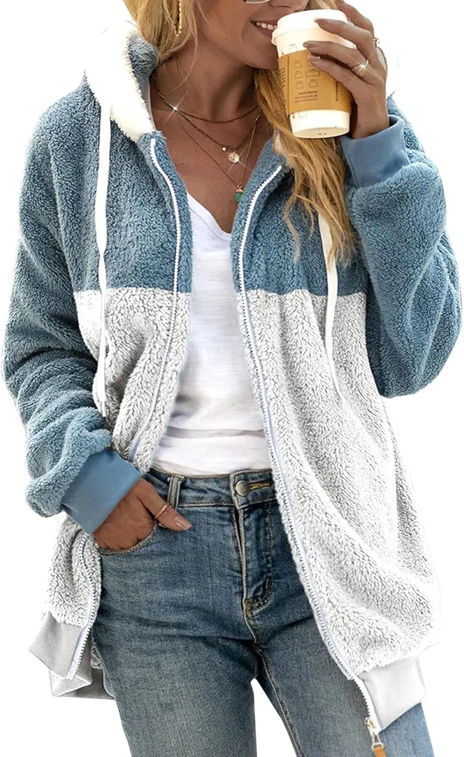 Womens Fuzzy Fleece Zip Up Jacket Loose Fit Oversized Sherpa Outerwear Coats Winter Solid Color Hoodies with Pockets