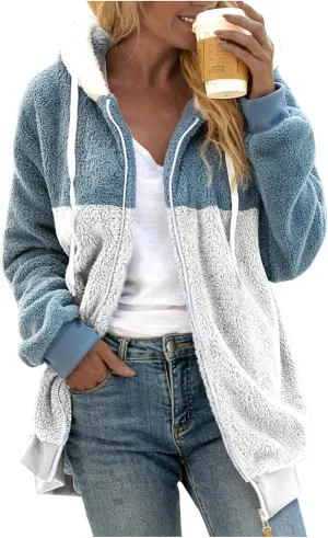 Womens Fuzzy Fleece Zip Up Jacket Loose Fit Oversized Sherpa Outerwear Coats Winter Solid Color Hoodies with Pockets
