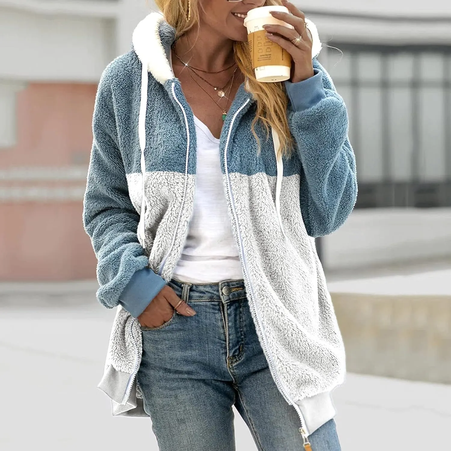 Womens Fuzzy Fleece Zip Up Jacket Loose Fit Oversized Sherpa Outerwear Coats Winter Solid Color Hoodies with Pockets