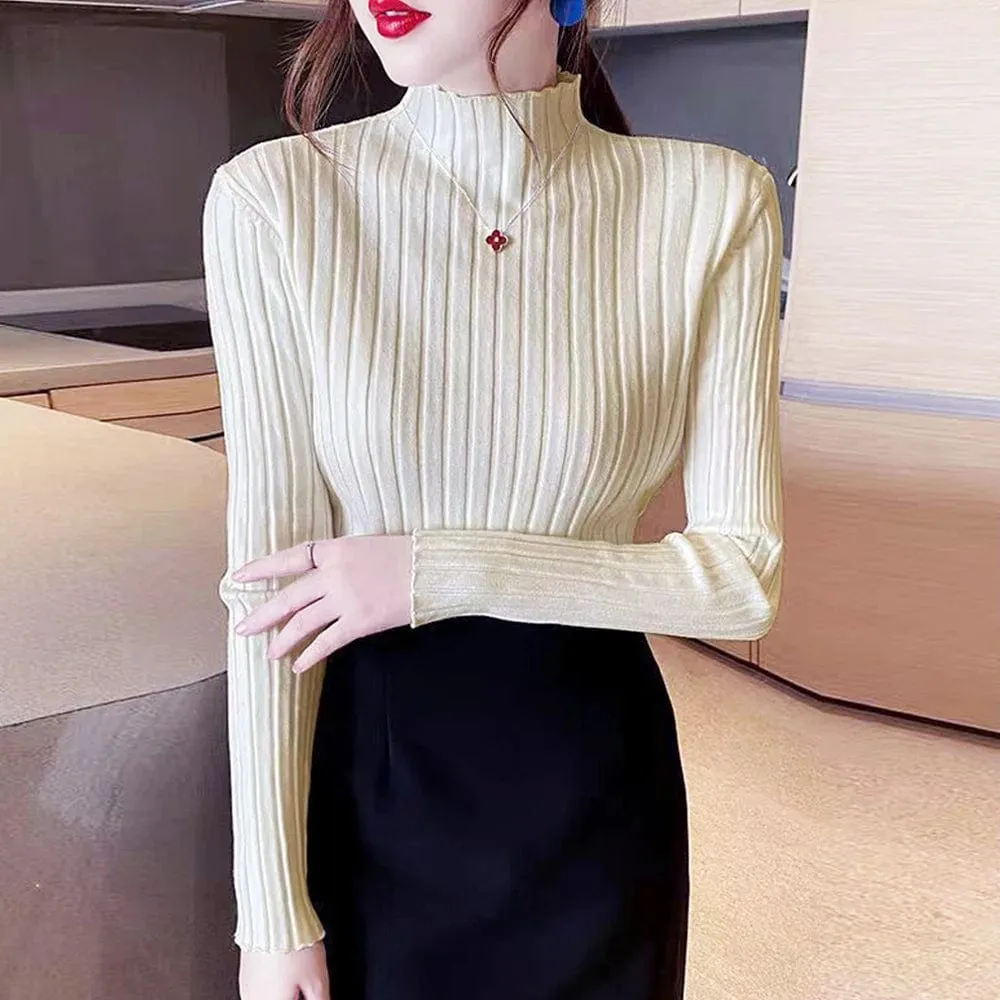 Women's Premium Quality T-Shirt For Stylish Comfortable Daily Wear Tops Sweater With Long Sleeves High Collar Fashion S-XL Tees