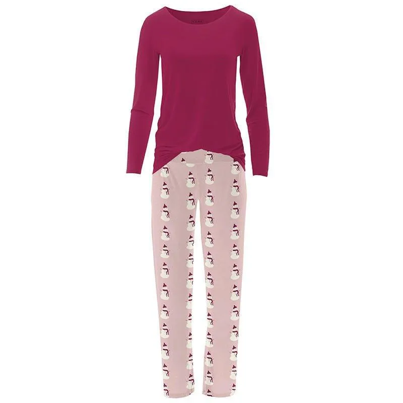 Women's Print Bamboo Long Sleeve Loosey Goosey Tee & Pajama Pants Set - Baby Rose Snowman