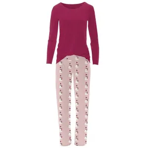 Women's Print Bamboo Long Sleeve Loosey Goosey Tee & Pajama Pants Set - Baby Rose Snowman