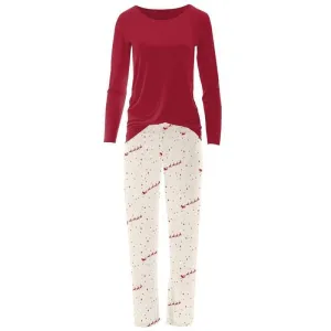 Women's Print Bamboo Long Sleeve Loosey Goosey Tee & Pajama Pants Set - Natural Flying Santa (WCA22)