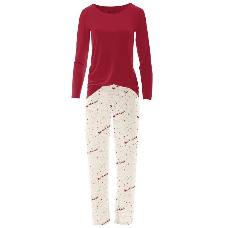 Women's Print Bamboo Long Sleeve Loosey Goosey Tee & Pajama Pants Set - Natural Flying Santa (WCA22)